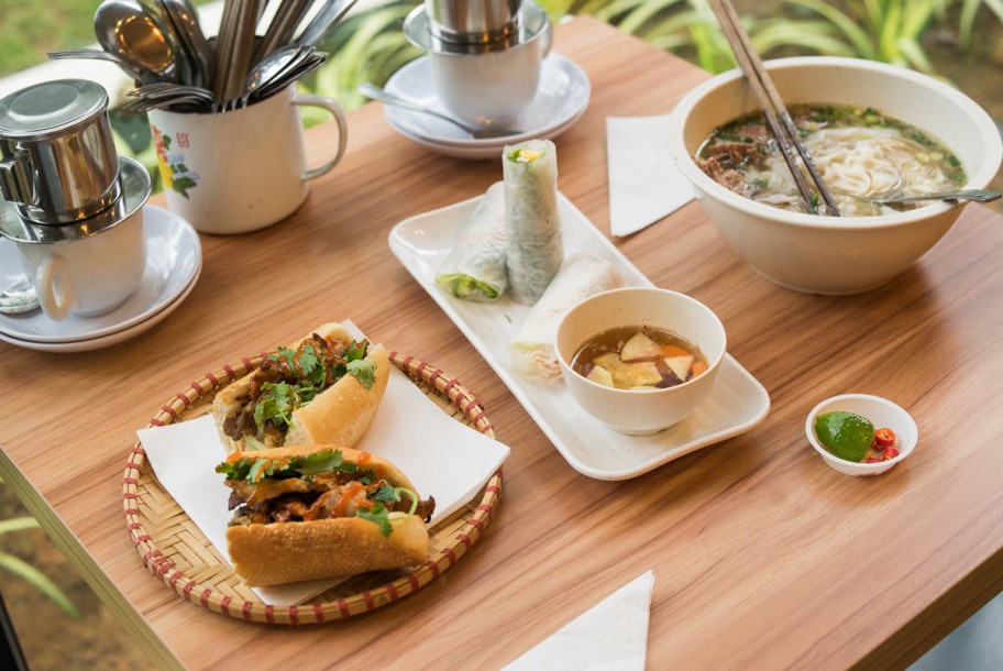 Vietnamese cuisine - spring rolls, pho, bahn mi and drip coffee